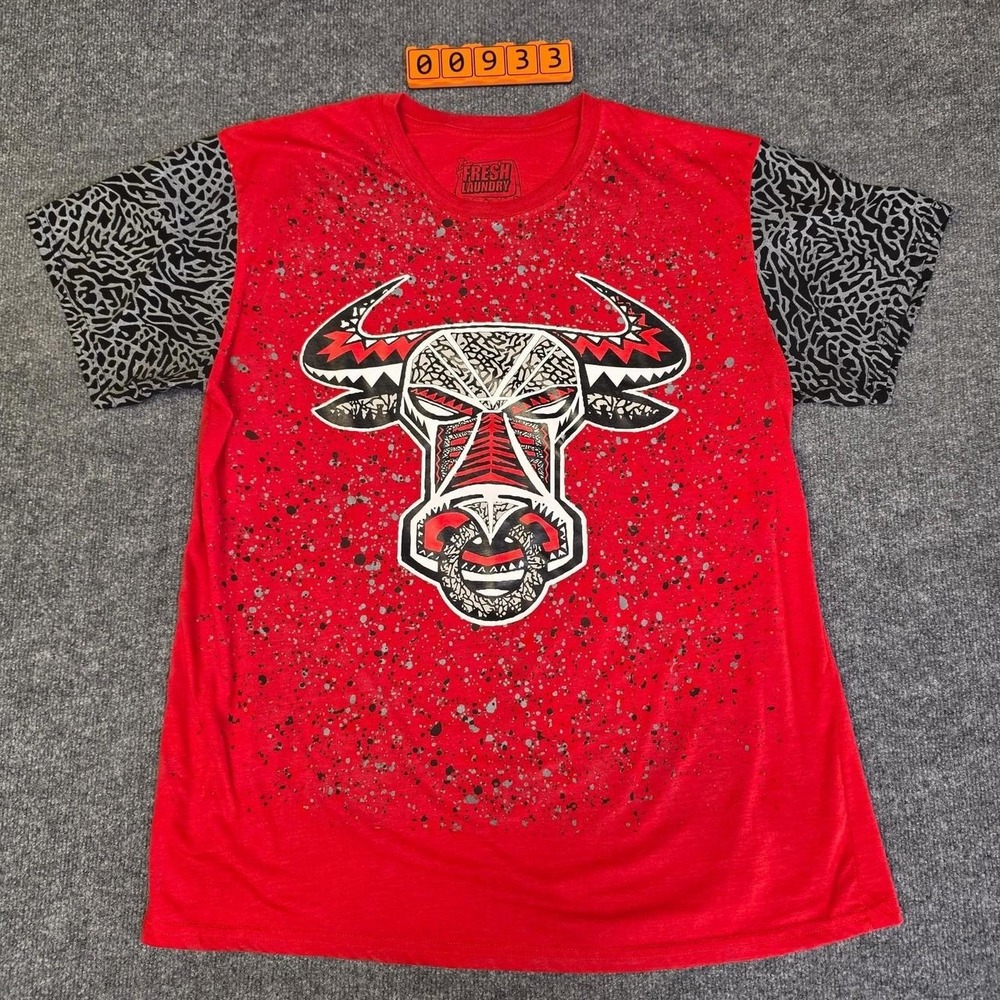 Fresh Laundry red bull graphic tee with black leopard print sleeves, size XL.